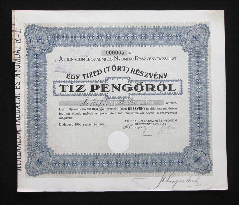 Athenaeum Irodalmi és Nyomdai részvény 10 pengő 1930